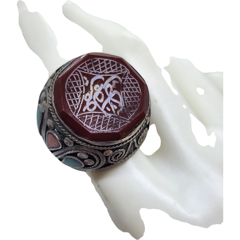 Vintage Ring Turkmen Silver Carved Turquoise Coral Inlay Sz 8.5 Arabic BIG - Picture 6 of 16